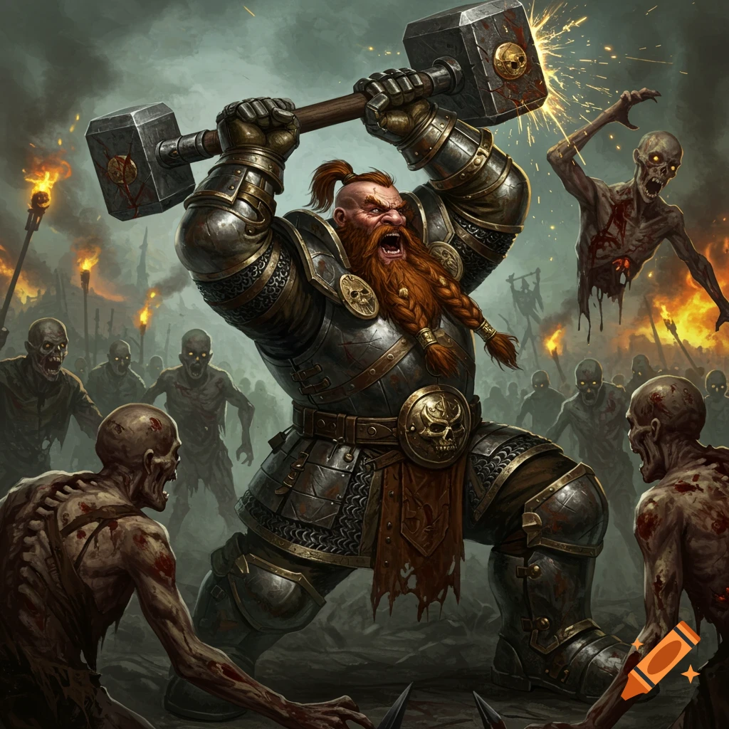 An angry dwarf in heavy armor swings a large hammer at a horde of zombies in a fiery battle.