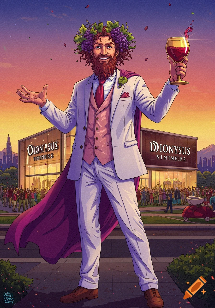 A man resembling Dionysus wears a suit and grape wreath, raising a glass of wine in front of a building with a crowd.