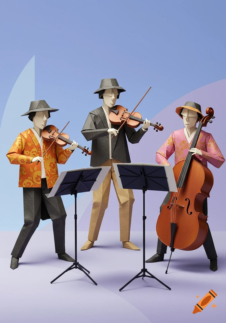 Three origami figures play string instruments with music stands.