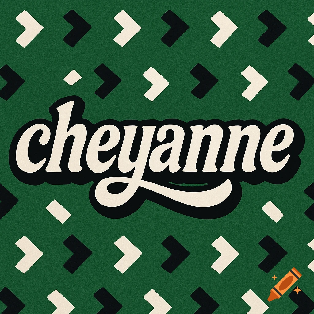 Stylized text "cheyanne" on a green background with black and white geometric patterns.