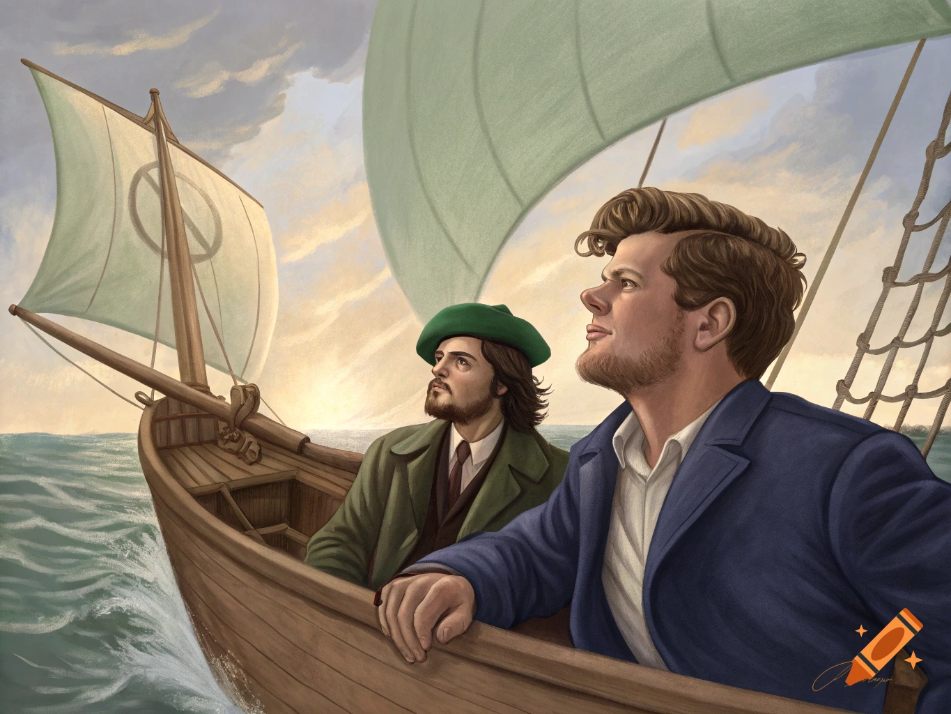 Painting of JFK and Che Guevara sailing in a boat with a peace sign on the sail.