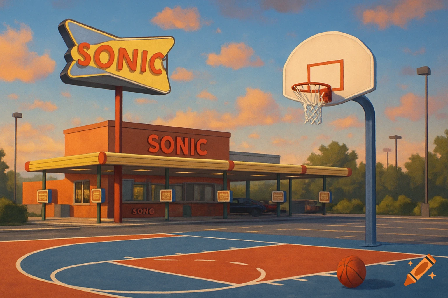 A Sonic drive-in restaurant next to a basketball court with a ball.