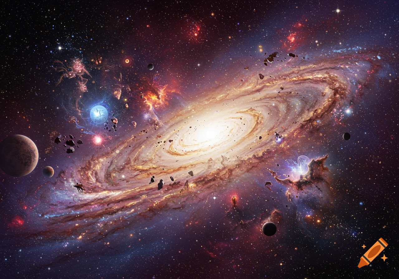Detailed view of a spiral galaxy surrounded by planets, asteroids, and nebulas in a starry universe.