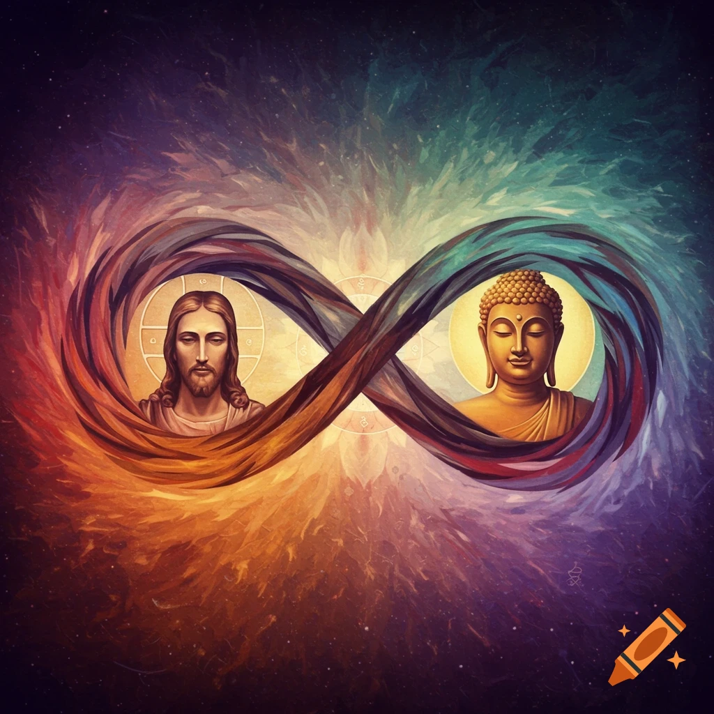 Digital painting shows Jesus and Buddha connected by an infinity symbol with a cosmic background.
