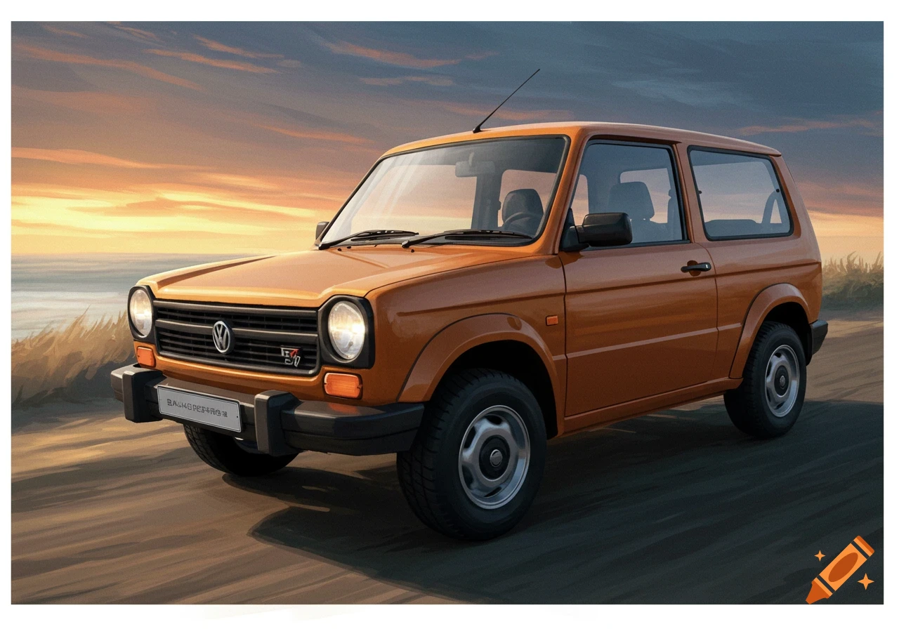 Painting of an orange car, possibly a Volkswagen, on a road near a beach at sunset.