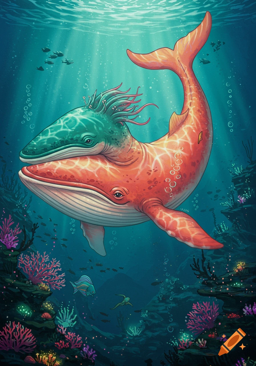 Illustrative two-headed whale swimming above a colorful coral reef underwater.