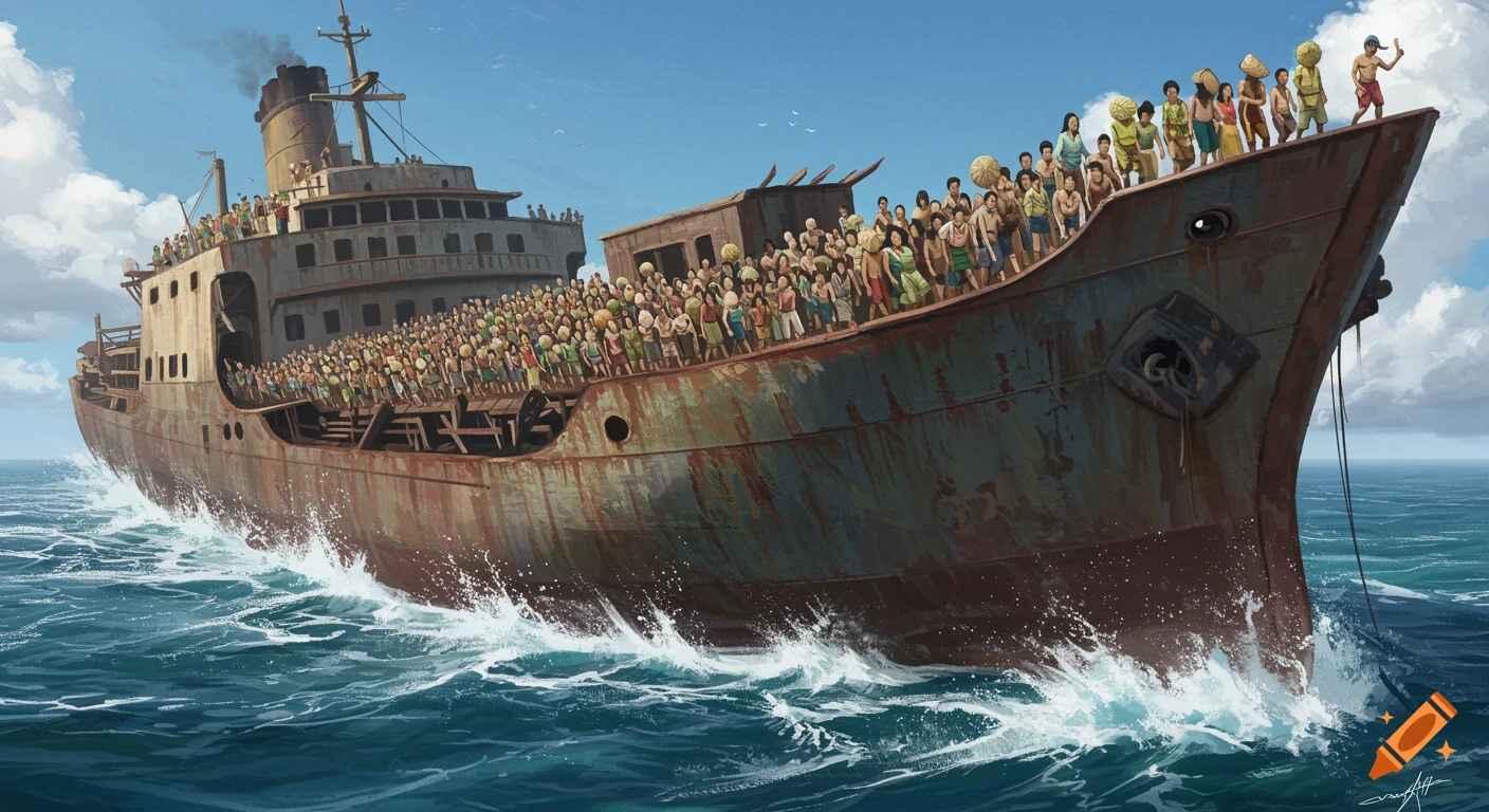 A large, rusty ship crowded with people sails through choppy blue seas, painted style.