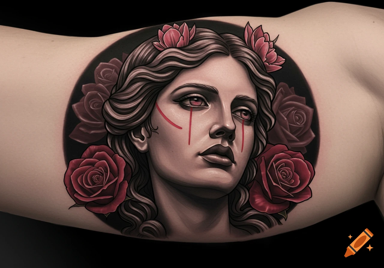 Realistic tattoo of a woman's face with red tears and roses on skin.