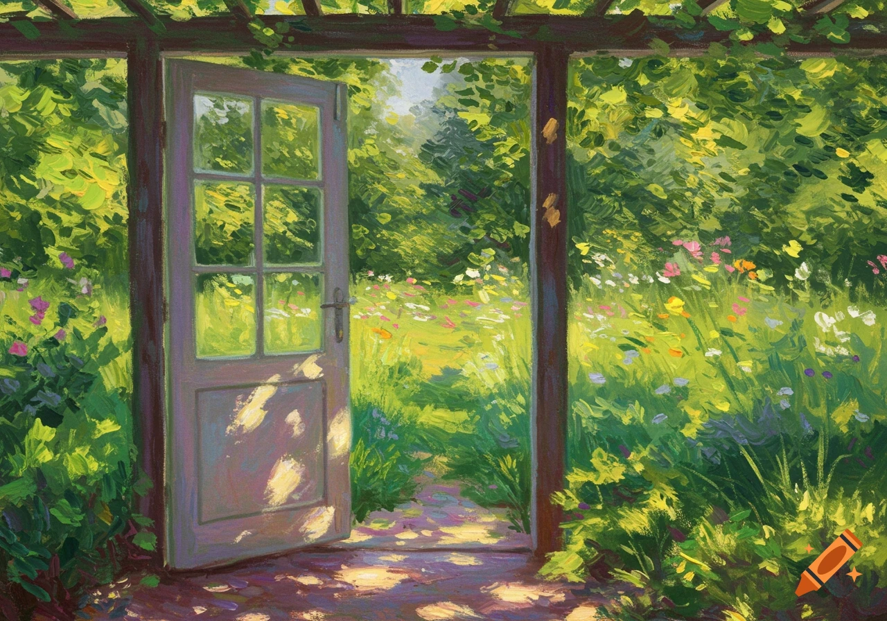 Painting of an open door leading into a sunny, impressionistic garden filled with flowers and greenery.