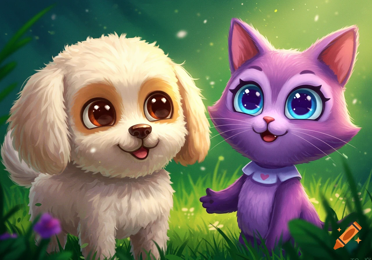 Fluffy white puppy and purple cartoon kitten standing in grass