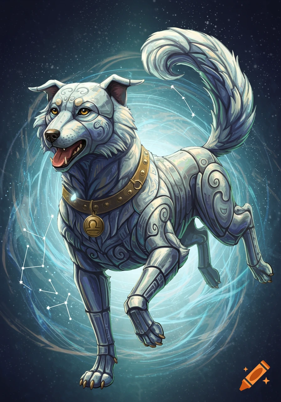 A stylized metal dog with a Libra collar runs through a swirling cosmic background with constellations.