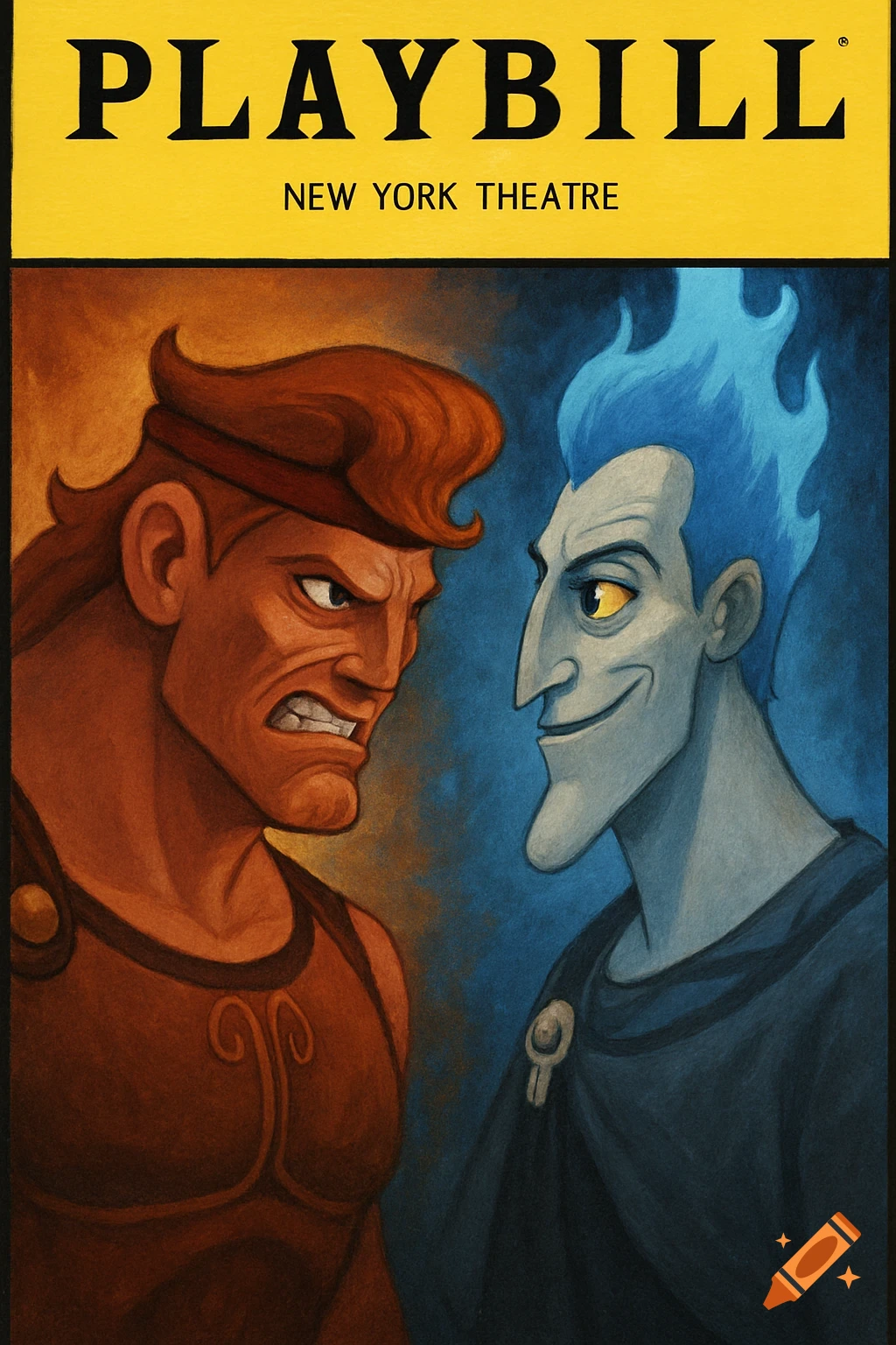 A playbill cover showing animated Hercules and Hades from Disney's Hercules facing each other.