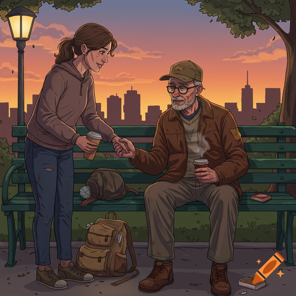 An illustration of a woman giving coffee to a homeless veteran sitting on a park bench with a city skyline at sunset.