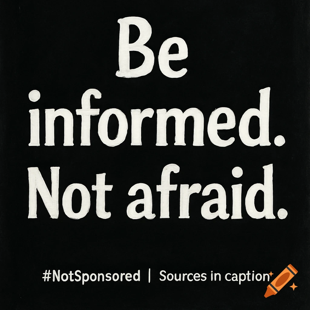 White text on black background reads, "Be informed. Not afraid." followed by "#NotSponsored | Sources in caption."