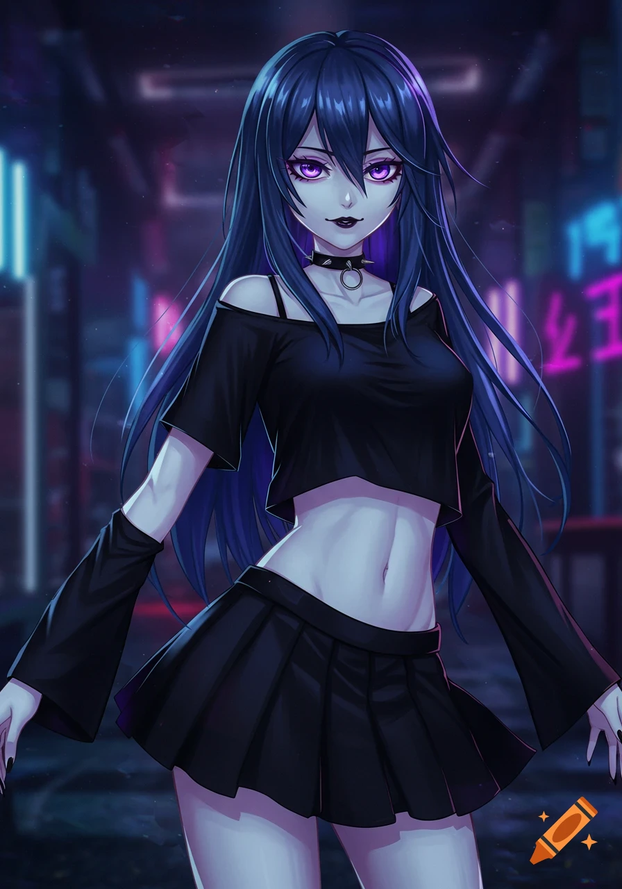 An anime girl with blue hair and purple eyes wearing a black crop top and skirt stands in a neon city street.