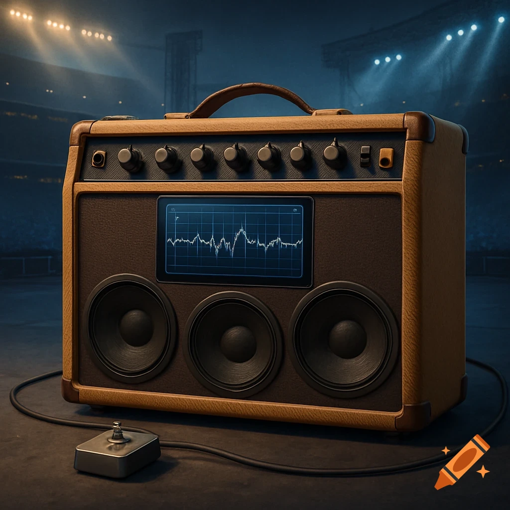 A vintage-style guitar amplifier with multiple speakers, knobs, a screen showing an audio waveform, and a foot switch sits on a stage.