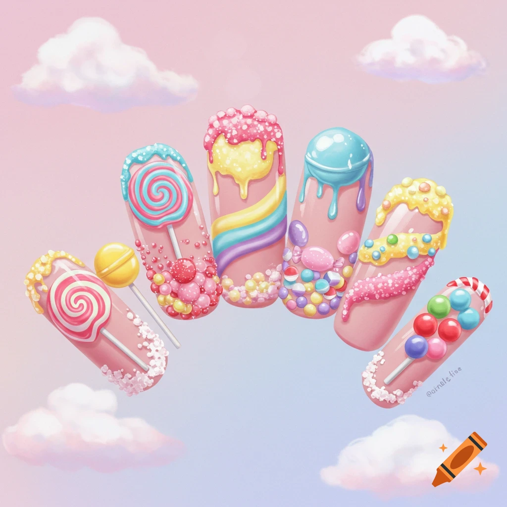 Five artificial nails decorated like candies float in a pastel sky.