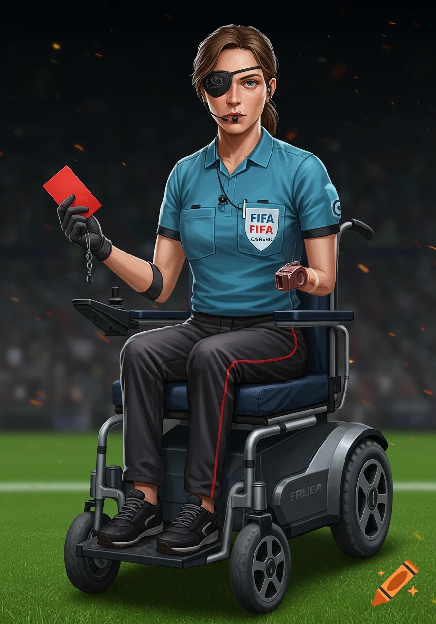 Illustration of a female soccer referee in a wheelchair holding a red card and whistle on a field.