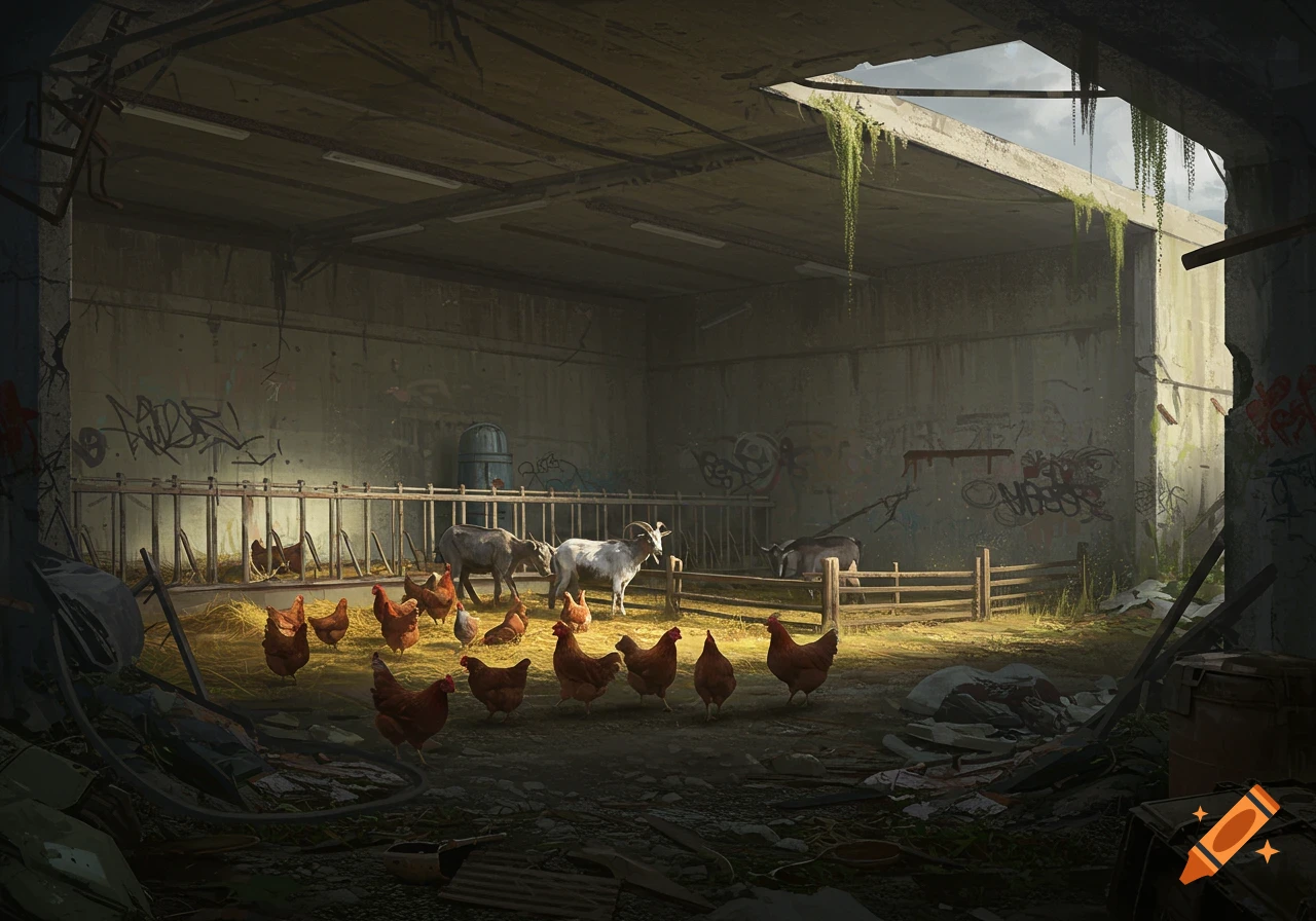 Chickens and goats inside a dark, derelict building with graffiti on the walls