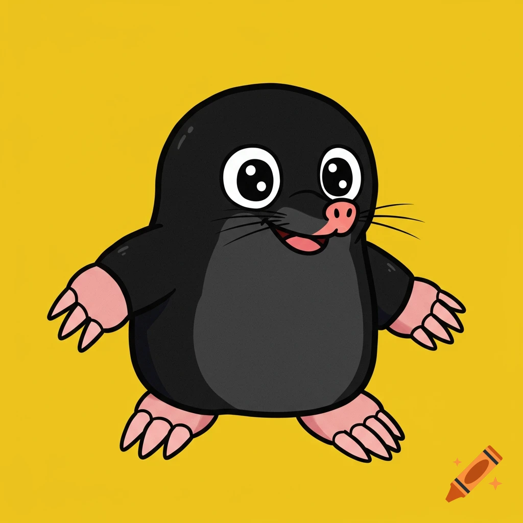 Clipart drawing of a cute black mole with big eyes on a yellow background.