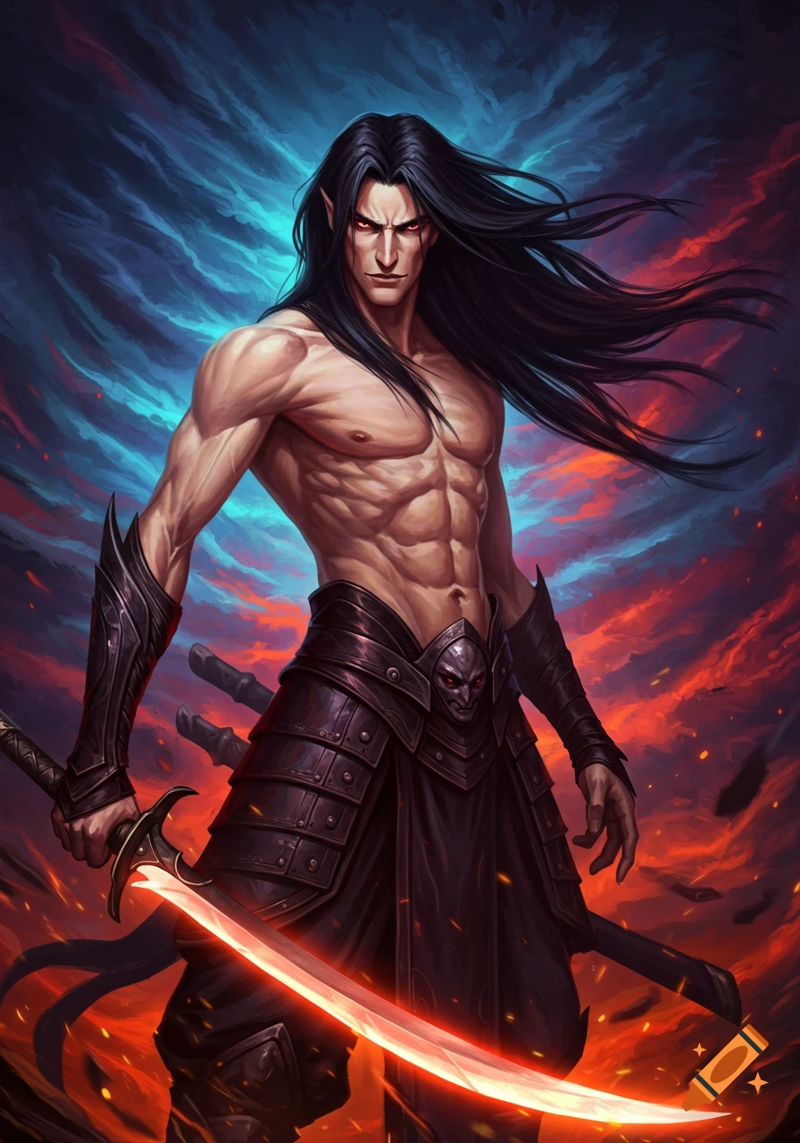 Fantasy illustration of a muscular man with long dark hair and red eyes ...