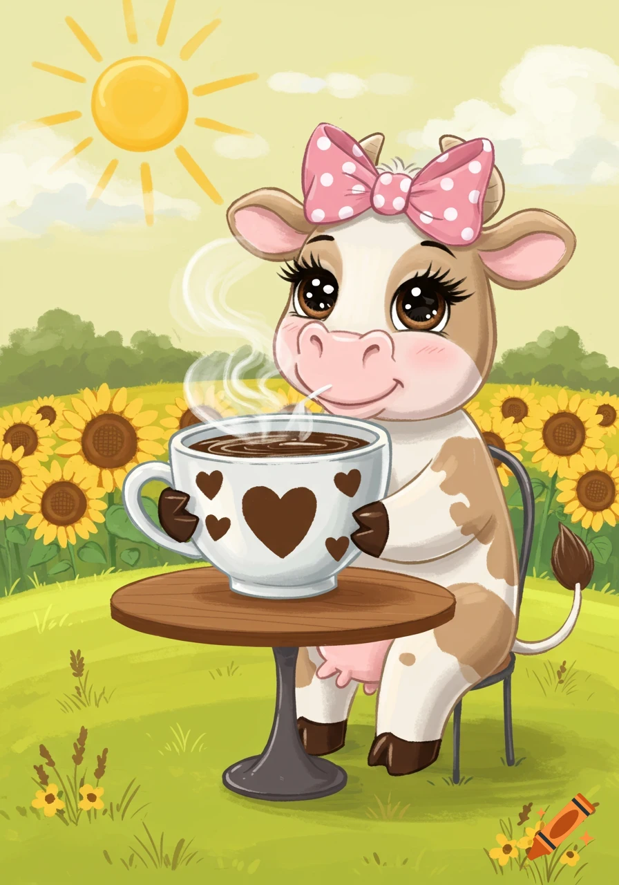 A cartoon cow sits at a table in a sunflower field, drinking a large cup of coffee.