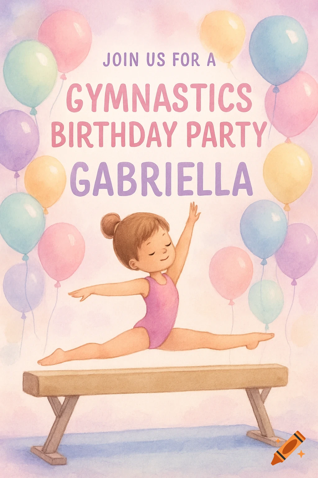 Watercolor illustration of a girl doing gymnastics on a balance beam with pastel balloons and party invitation text.