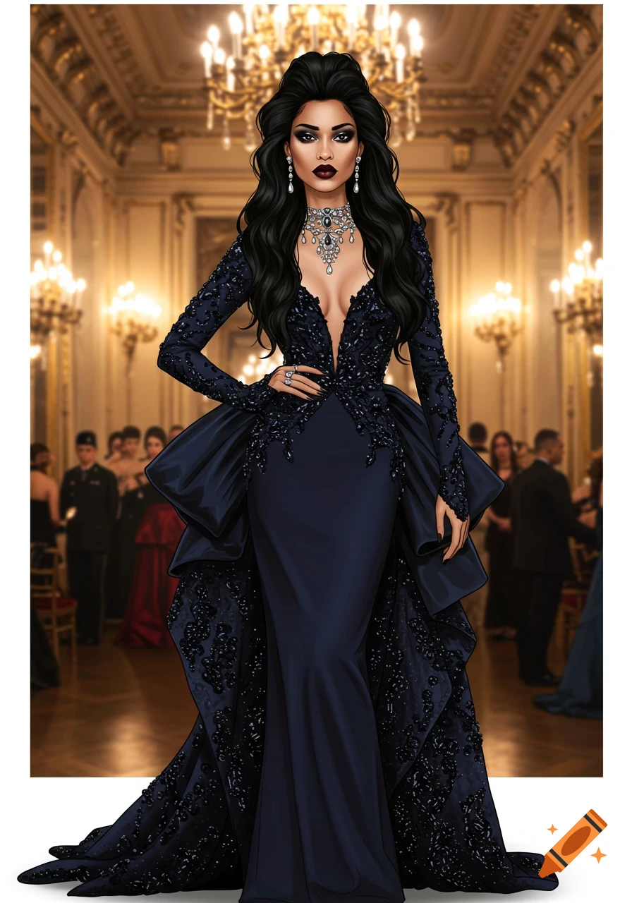 An illustration of a woman in a dramatic dark blue gown with ornate details and deep neckline, wearing elaborate jewelry, standing in a formal ballroom.