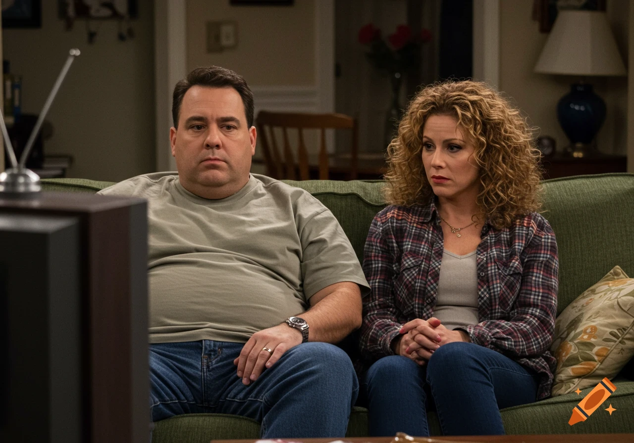 Man and woman sit on a couch, watching television