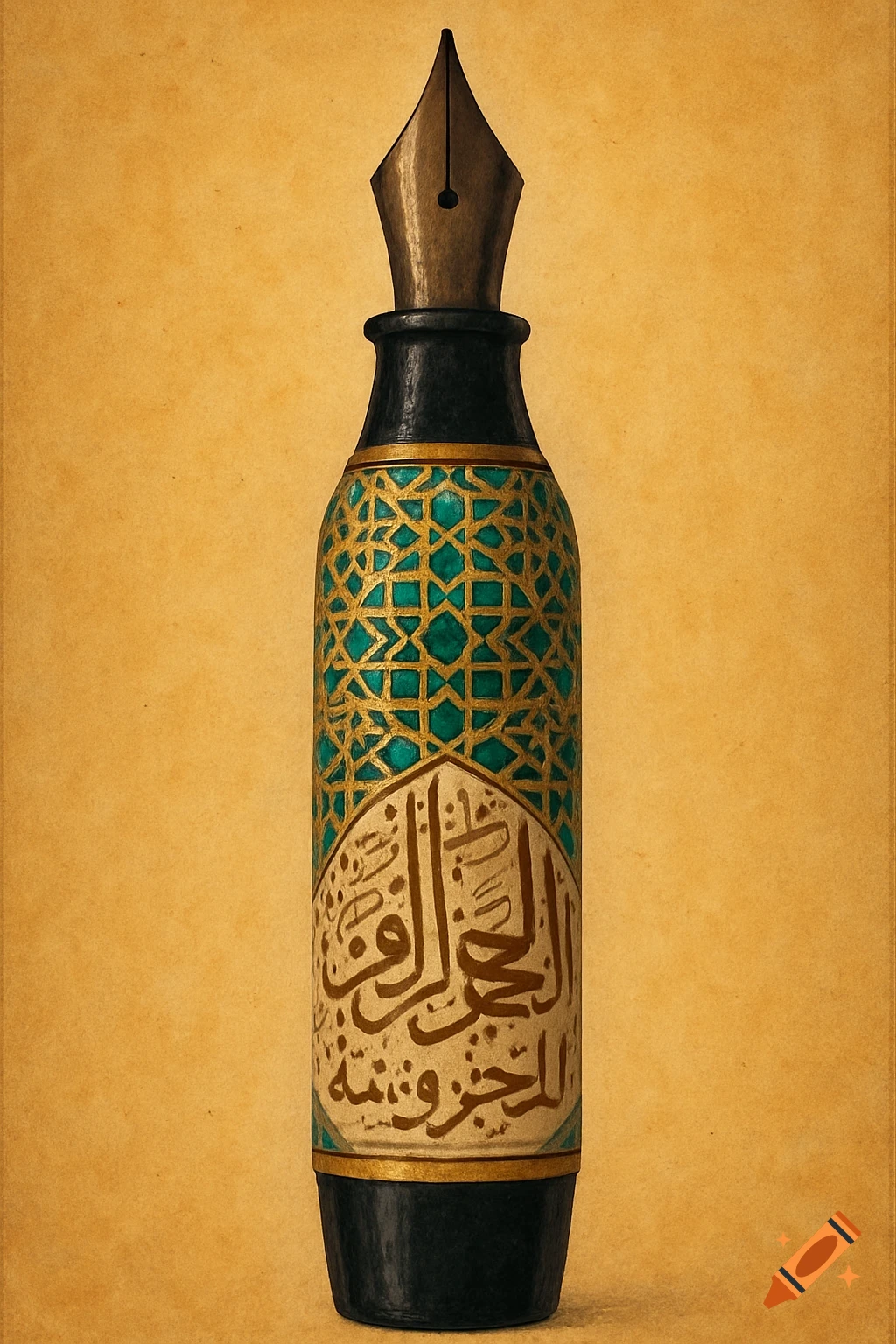 Large fountain pen with Islamic geometric patterns and Arabic calligraphy