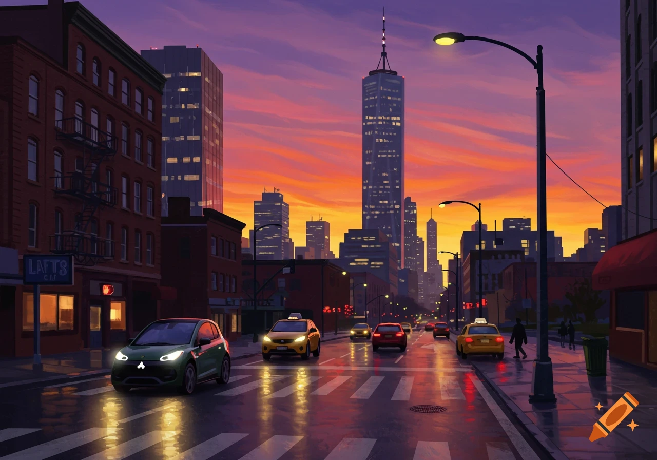 A city street scene at sunset with cars, buildings, and reflections on wet pavement.