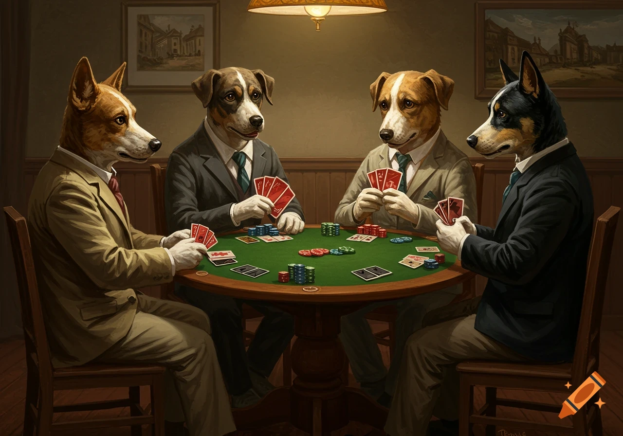 Painting of four dogs in suits playing poker around a table in a room.