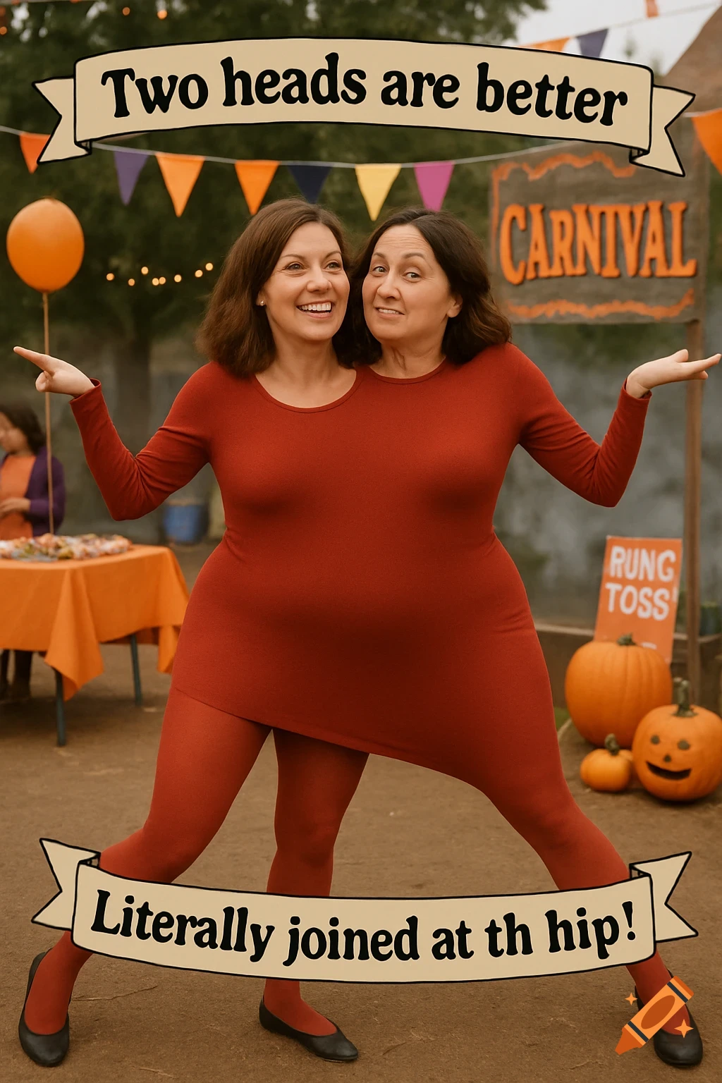 Two women in a two-headed costume at a Halloween carnival.