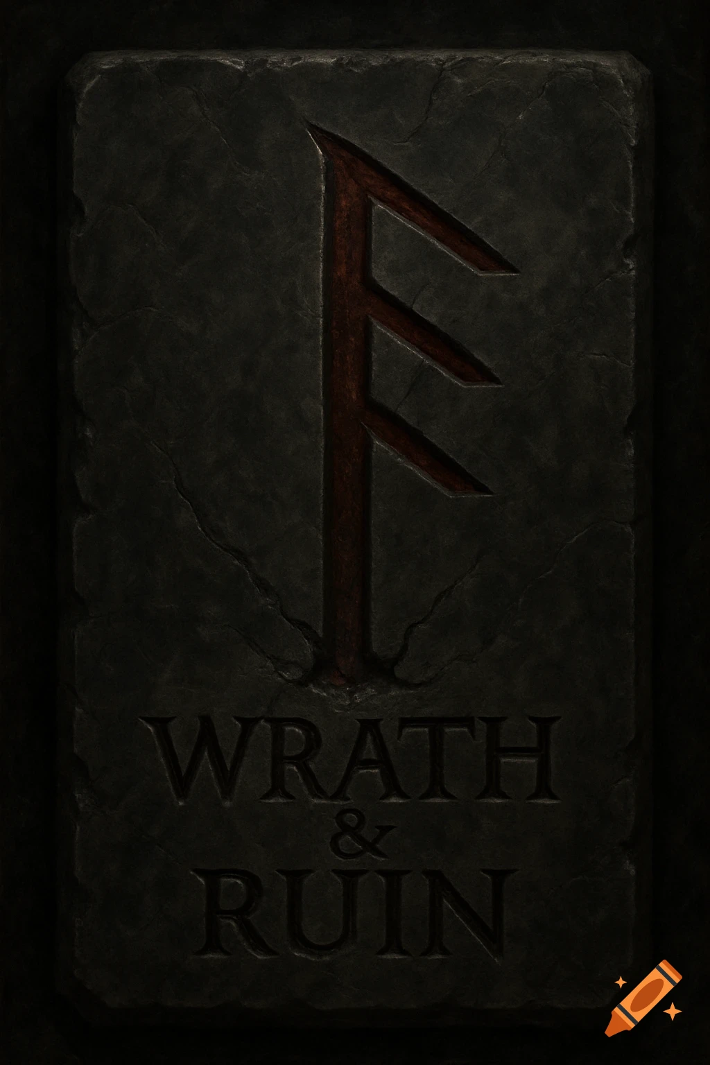 Ancient stone tablet with a rune and 'WRATH & RUIN' carved into it.