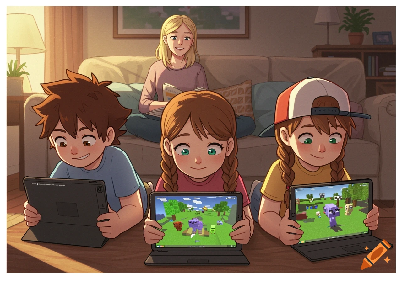 Three cartoon children play a game on tablets, with a woman reading on a couch behind them in a living room.