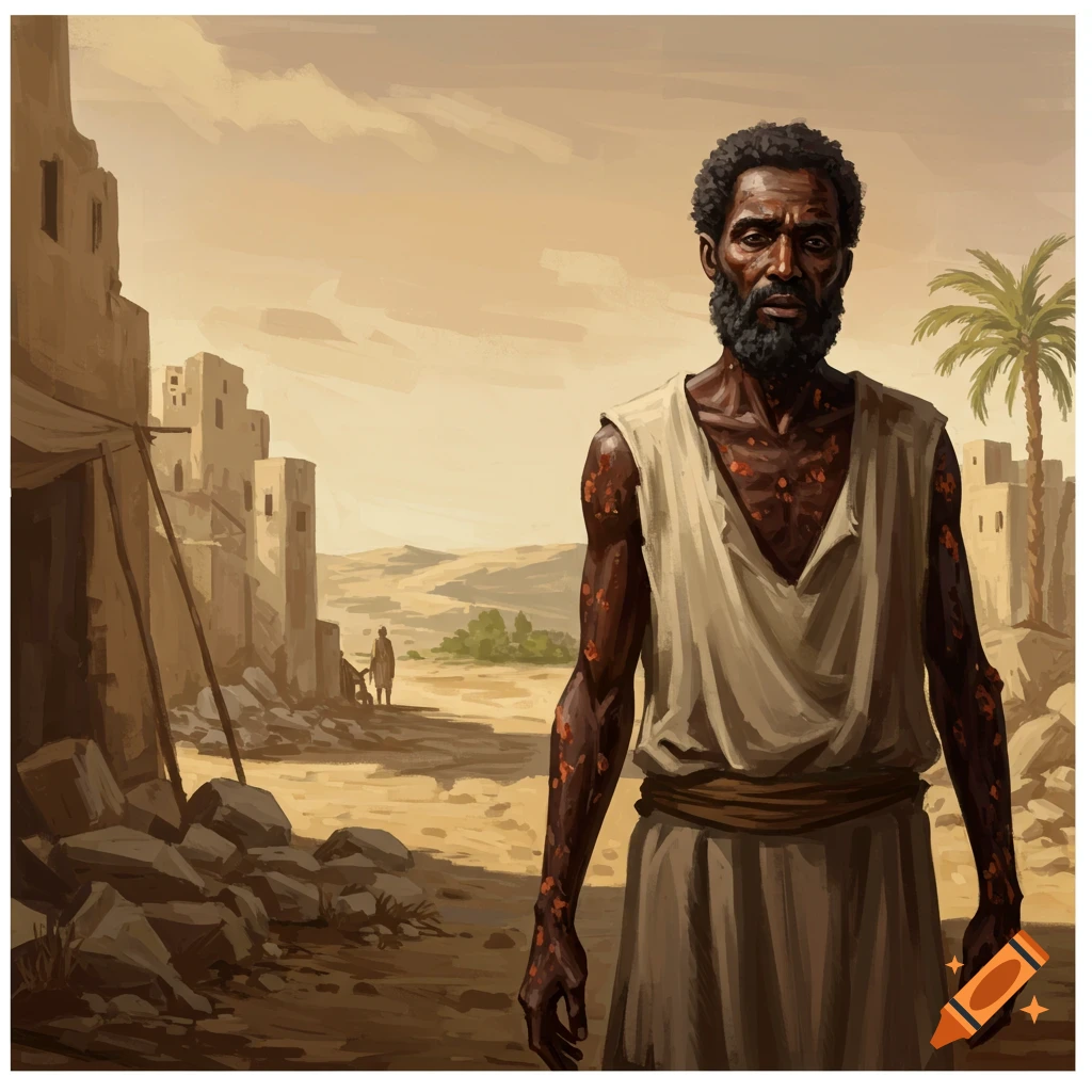 Illustration of an ancient Syrian man with leprosy in a desert village