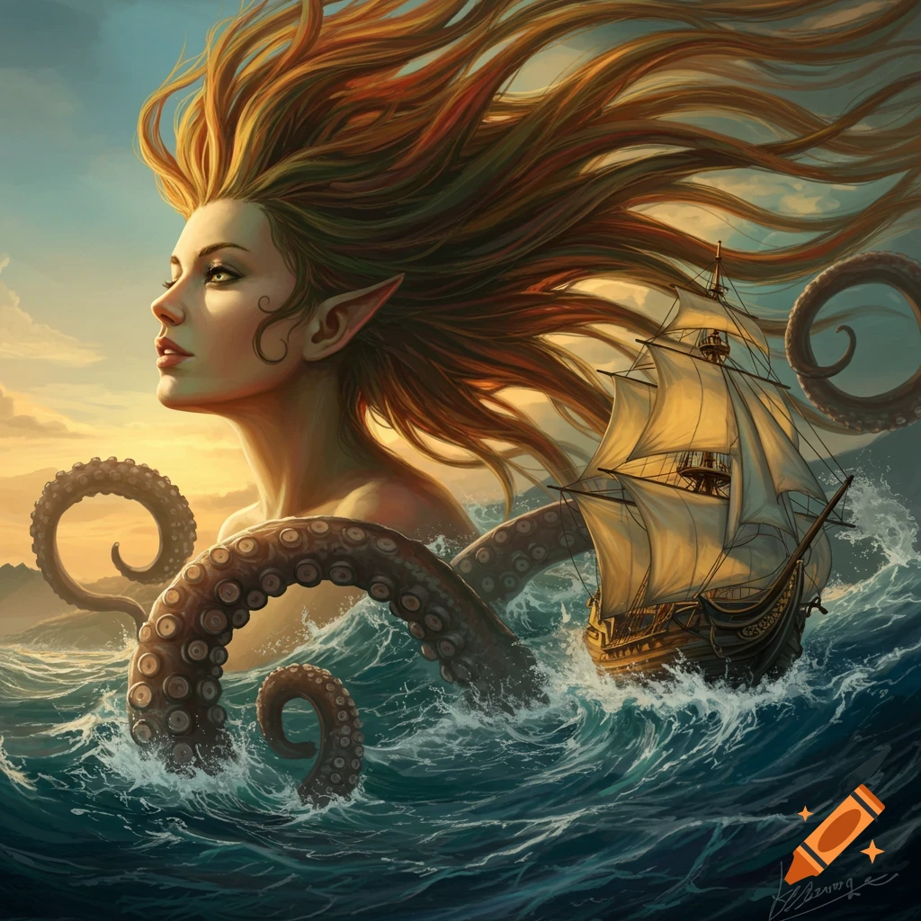 Fantasy art of a woman with flowing hair and kraken tentacles rising from stormy seas next to a sailing ship.