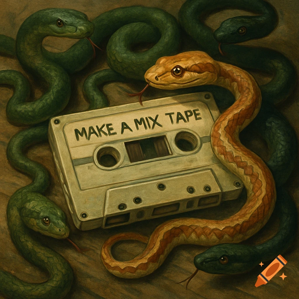 A painting of snakes coiled around a cassette tape that says "MAKE A MIX TAPE".