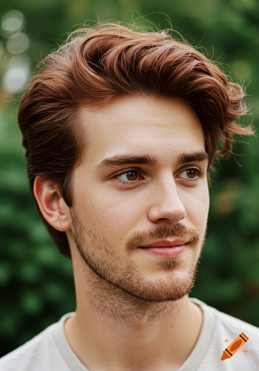 Close-up portrait of a young man with reddish hair and beard, looking away.