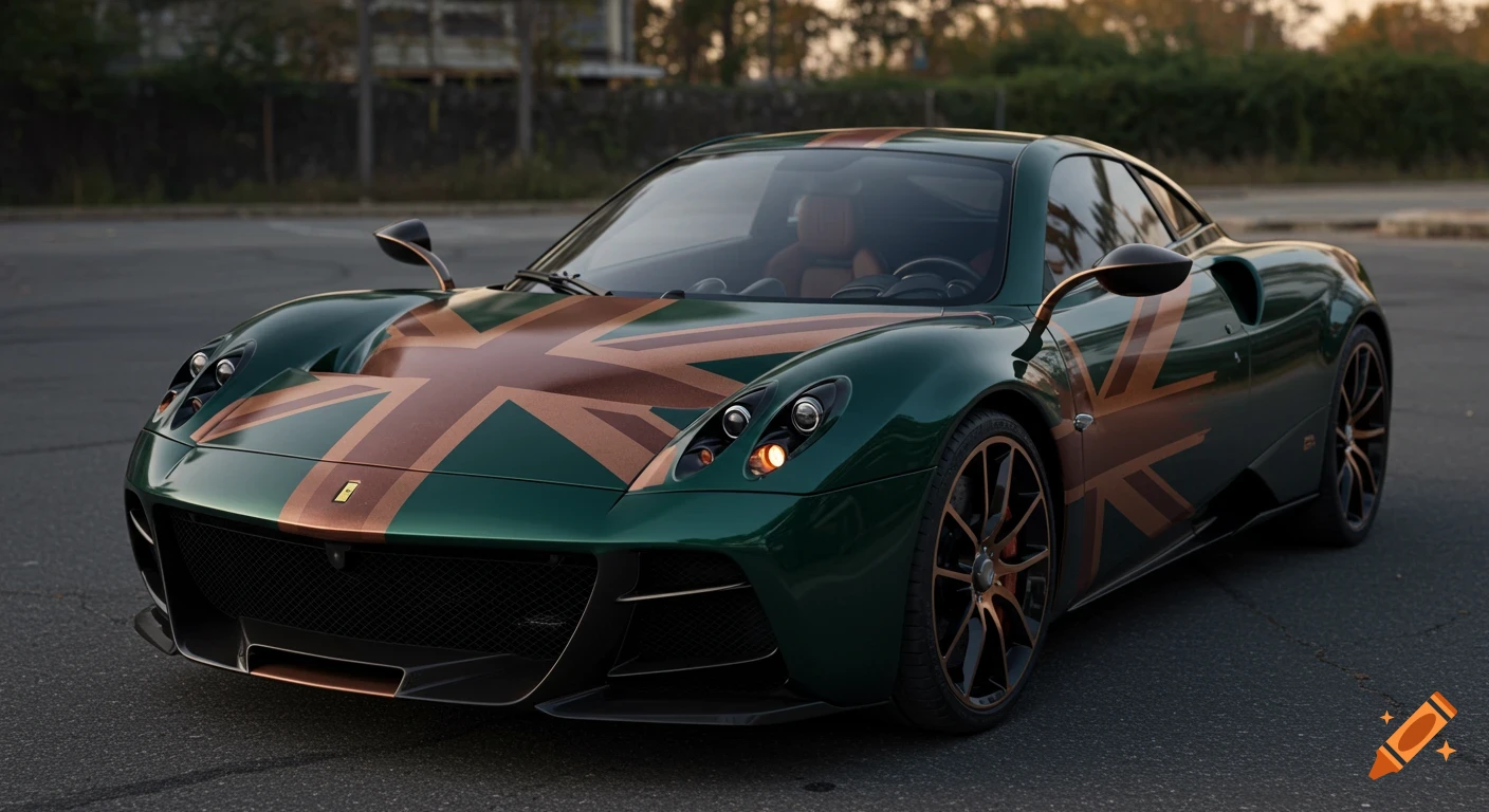 A green sports car with a bronze Union Flag graphic on the hood and sides, parked on asphalt.