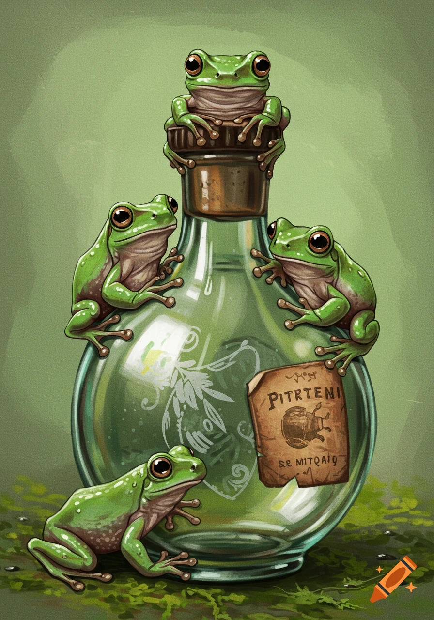 Illustration of four green frogs sitting on and around a glass bottle with a label.