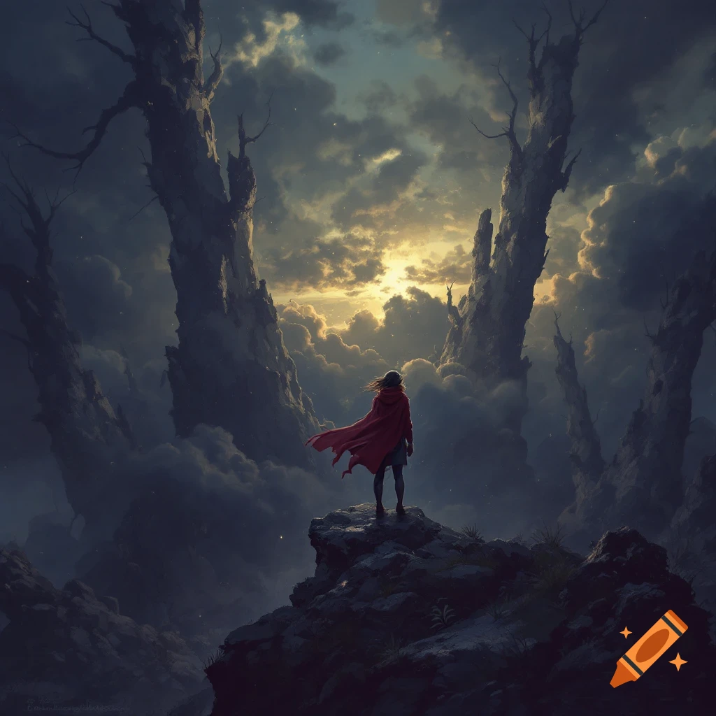Figure in red cloak overlooks dramatic, cloudy fantasy landscape at sunset