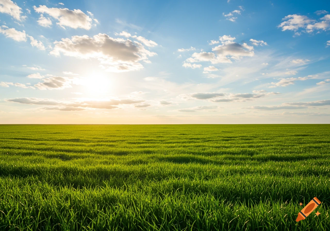 A vast green field under a bright sun and blue sky with scattered clouds.