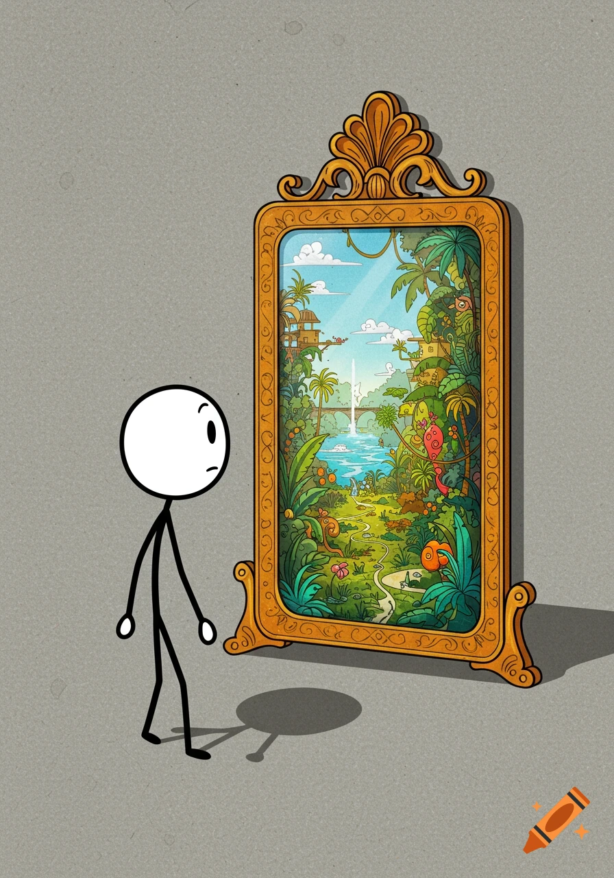 A stick figure looks into a mirror reflecting a colorful, detailed fantasy landscape illustration.