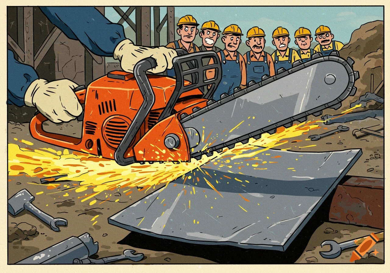 Cartoon illustration of construction workers watching as a chainsaw cuts through a metal plate, sending sparks flying.