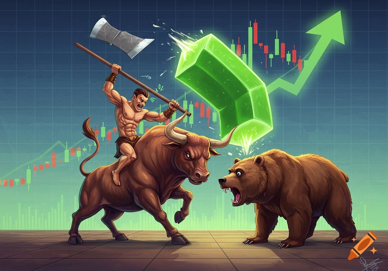 Muscular man riding a bull attacks a bear with an axe before stock market charts. Illustration.