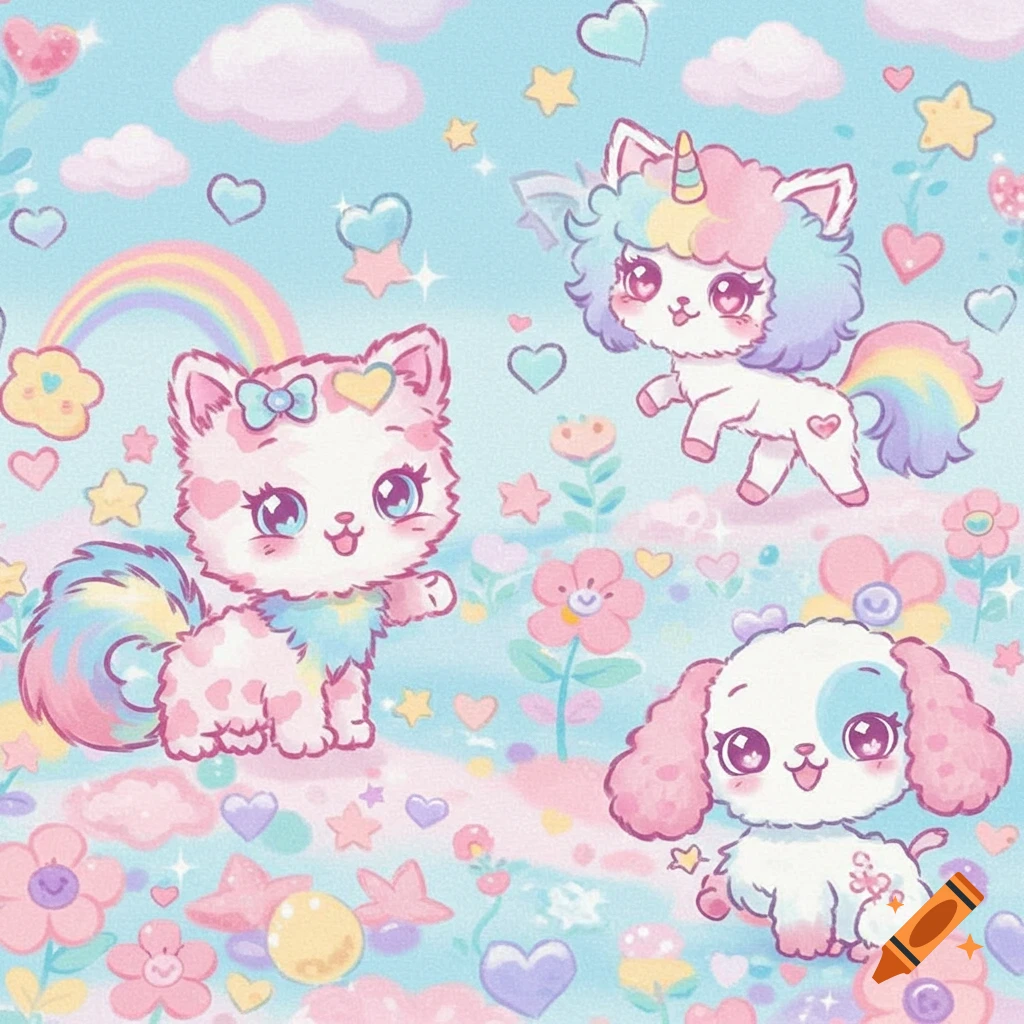 Pastel illustration of a cat, unicorn, and dog among clouds and flowers.
