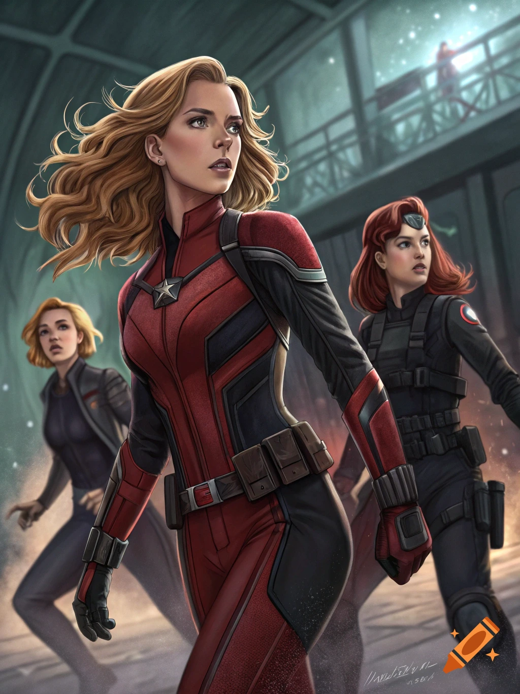 Three female superheroes in suits walk forward in a futuristic setting, digital painting style.