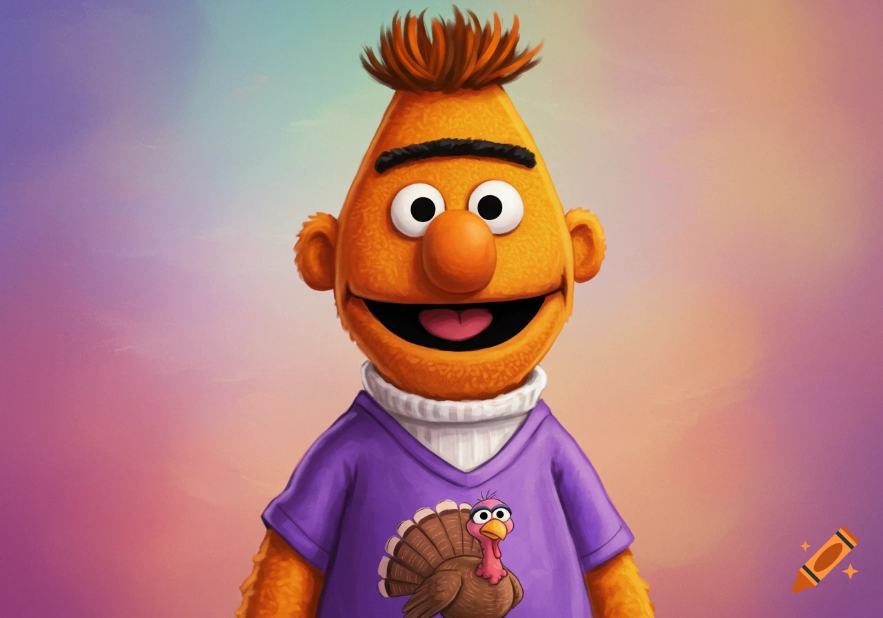 Bert from Sesame Street wearing a purple shirt with a turkey on it, illustrated style.