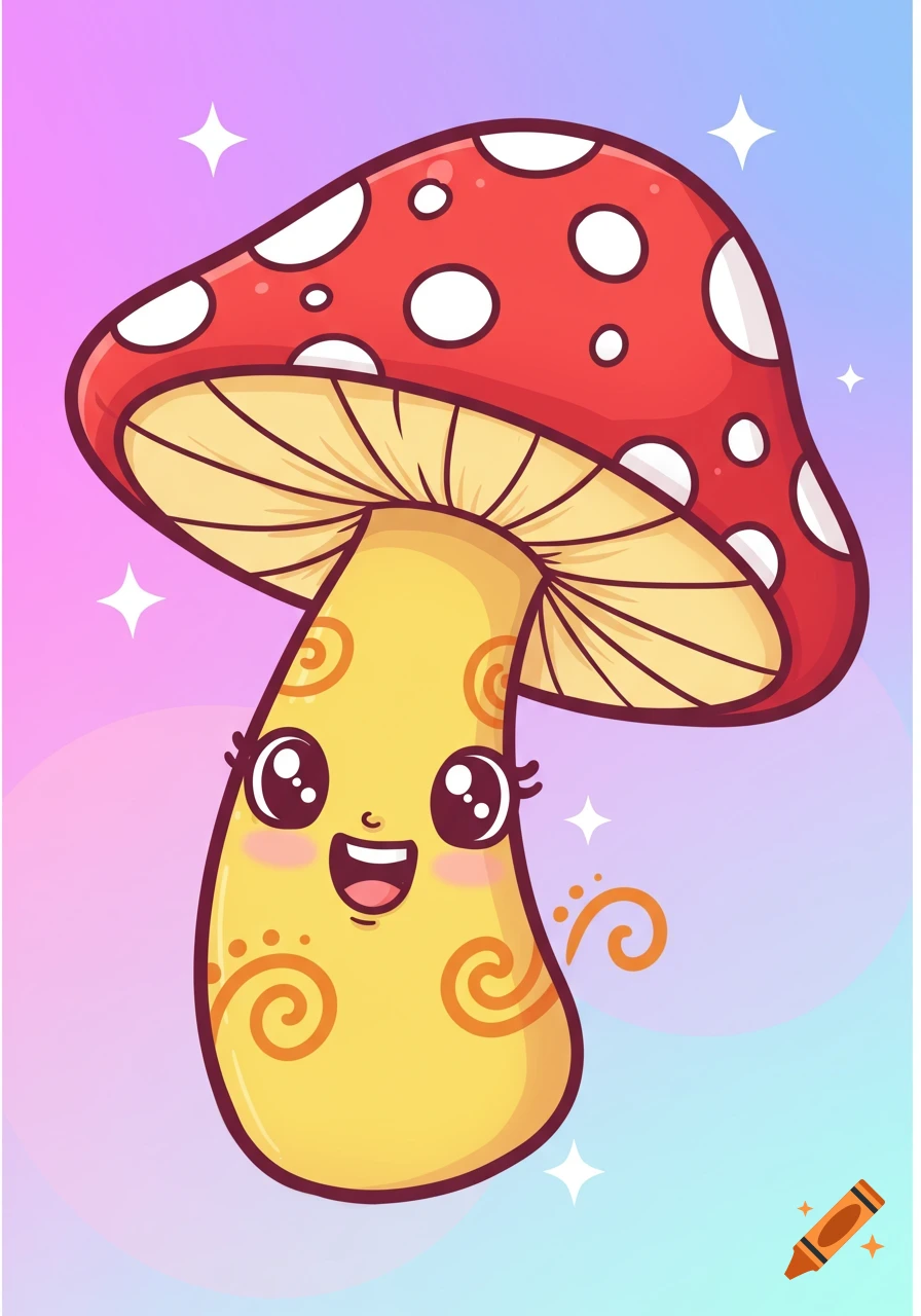 A cute cartoon mushroom with a smiling face on a colorful gradient background.